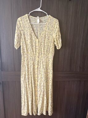 H&M Yellow Floral Midi Dress with Button Front